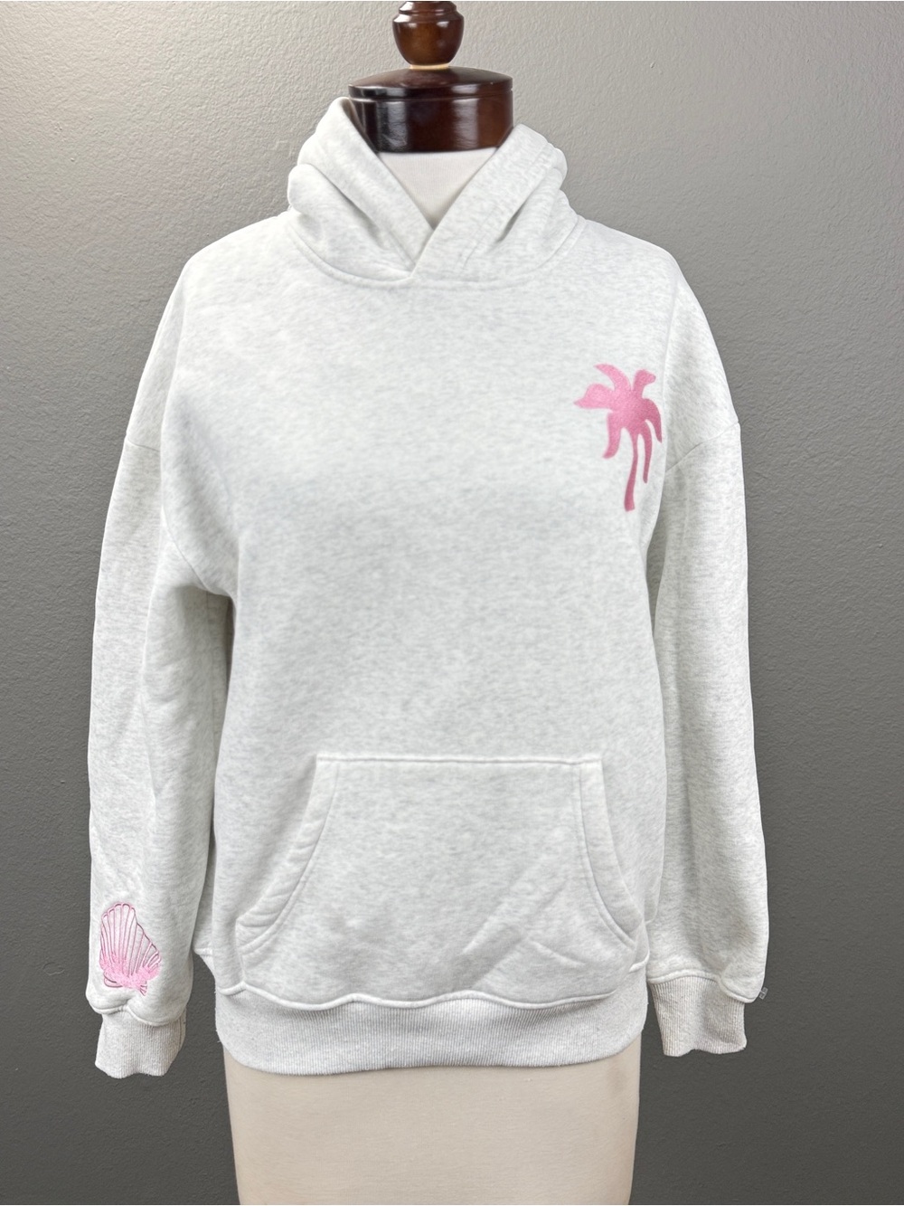 Pink Palm Puff Hawaii Hibiscus Hoodie Heather Cloud Gray Pink Size XS - Picture 3 of 12